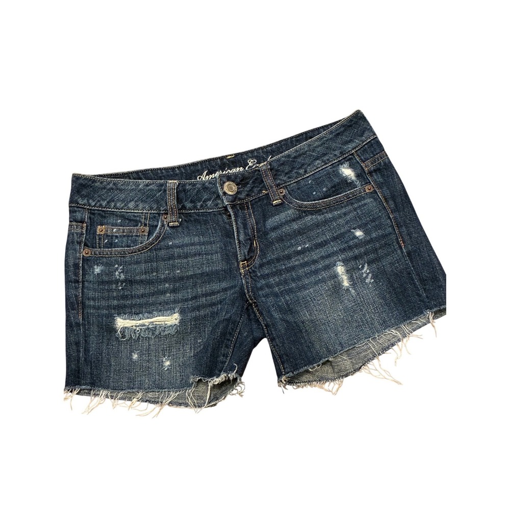 American Eagle Vintage Distressed Denim Shorts Dark Wash Raw Hem Womens 2